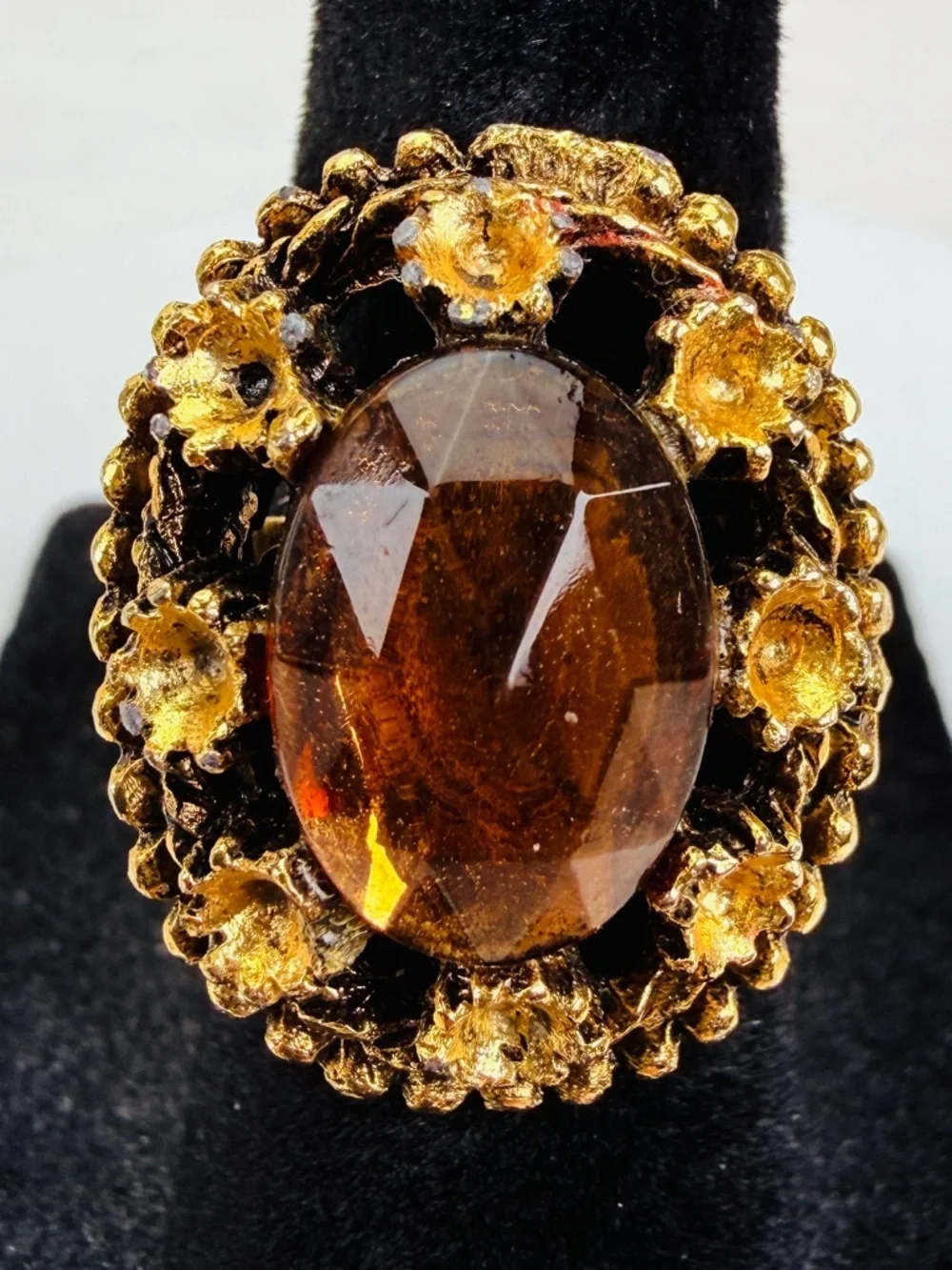 Vintage goldtone, colored bling size 6 adjustable statement ring